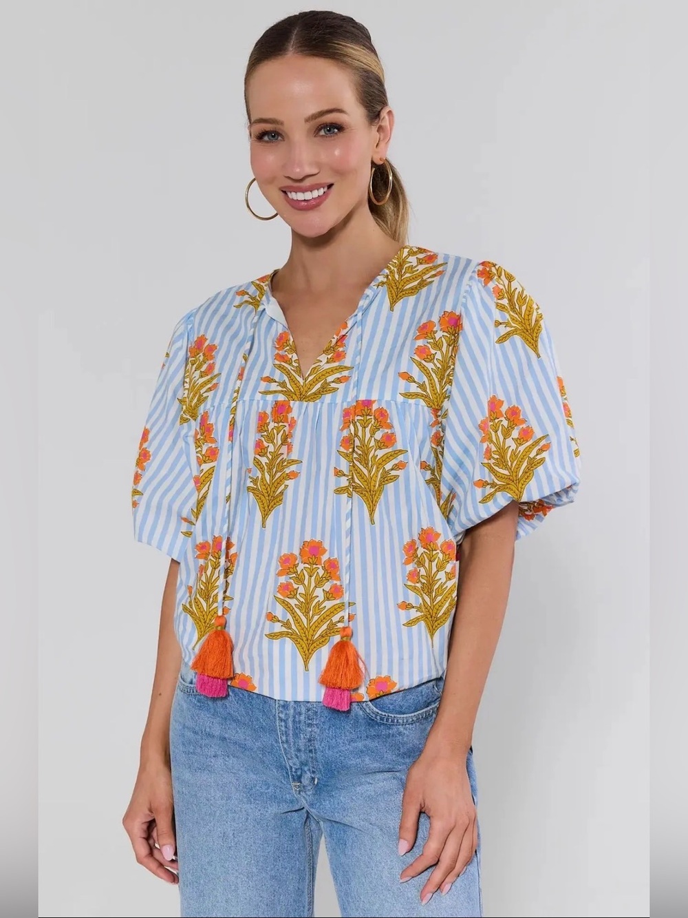 NWT THML Blue and White Striped Floral Tassel Puff-Sleeve Top Sz S